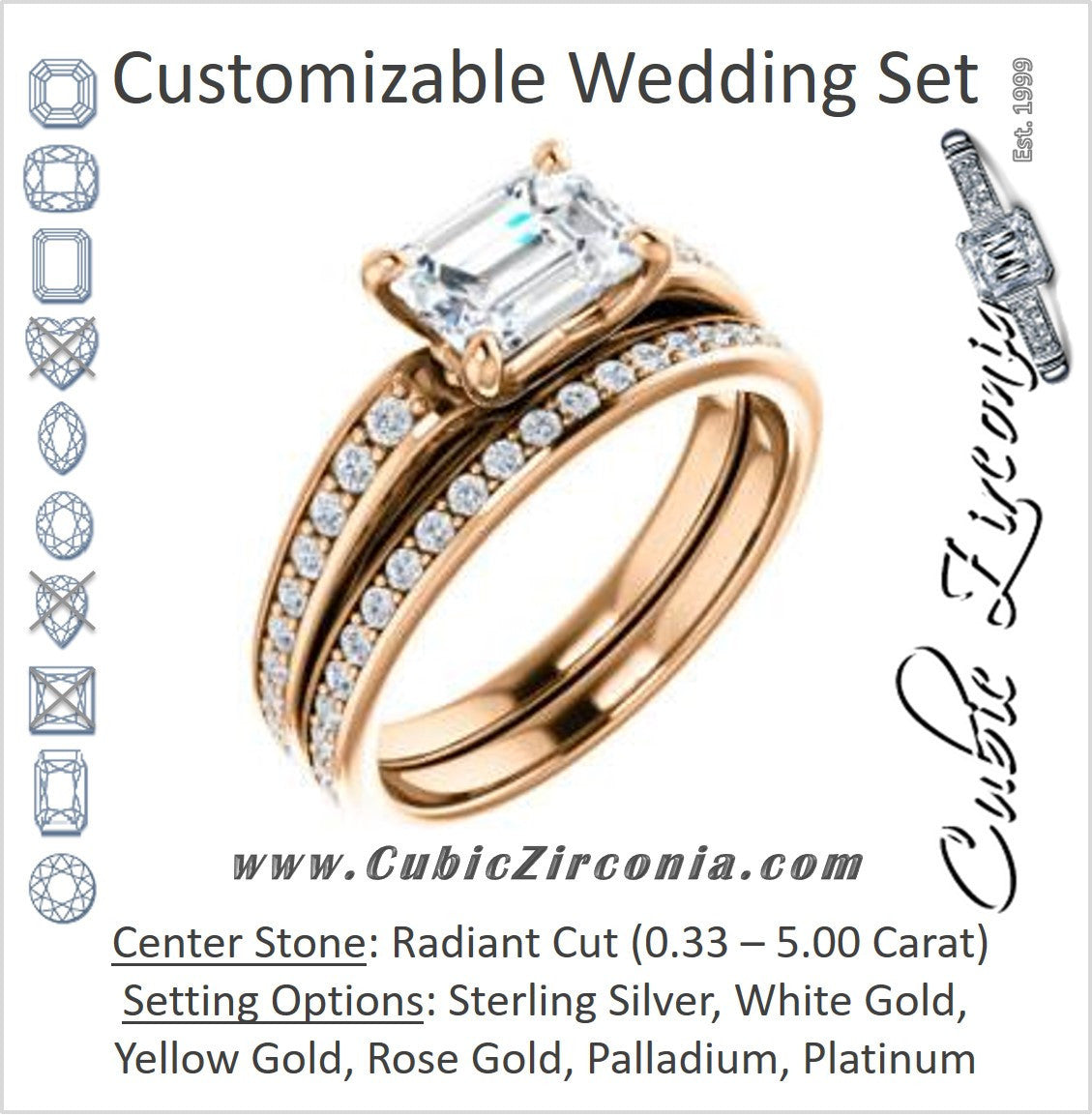CZ Wedding Set, featuring The Sashalle engagement ring (Customizable Cathedral-Raised Radiant Cut Design with Tapered Pavé Band)