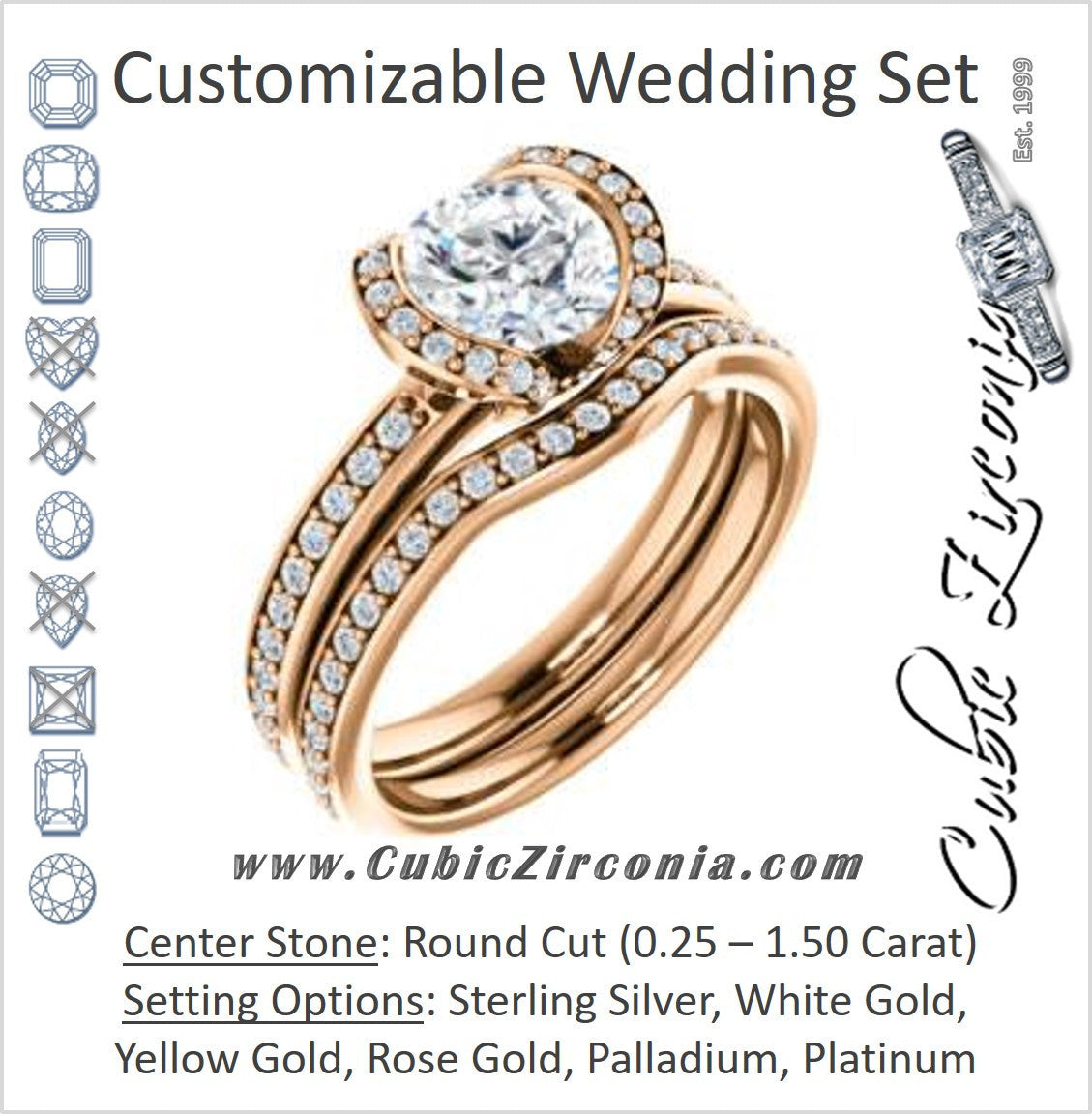 CZ Wedding Set, featuring The Victoria engagement ring (Customizable Bezel-set Round Cut Semi-Halo Design with Prong Accents)