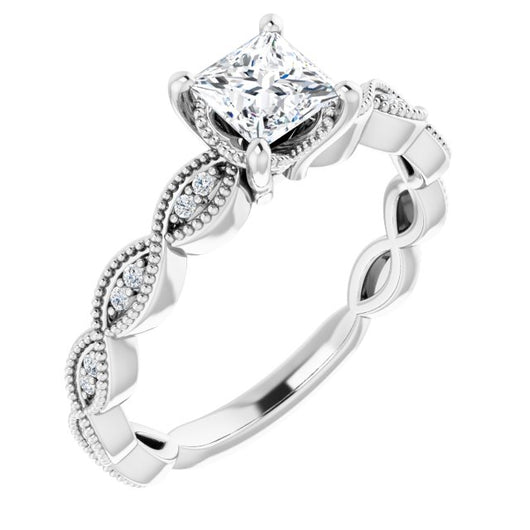 10K White Gold Customizable Princess/Square Cut Artisan Design with Scalloped, Round-Accented Band and Milgrain Detail