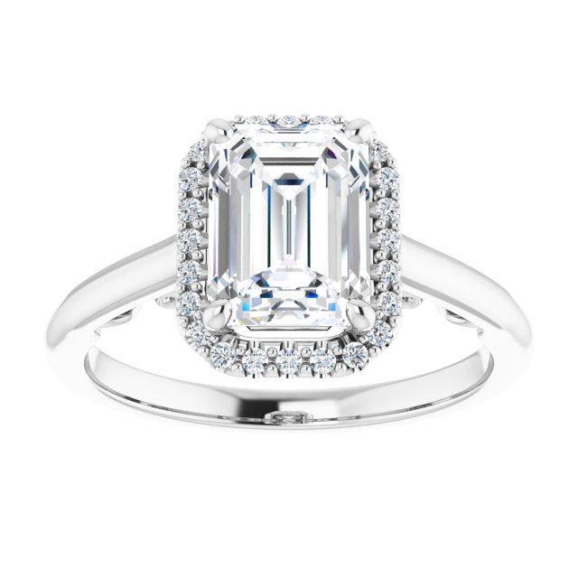 Cubic Zirconia Engagement Ring- The Honesty (Customizable Cathedral-Halo Emerald Cut Style featuring Sculptural Trellis)