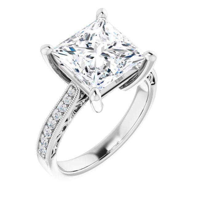 10K White Gold Customizable Princess/Square Cut Design with Round Band Accents and Three-sided Filigree Engraving