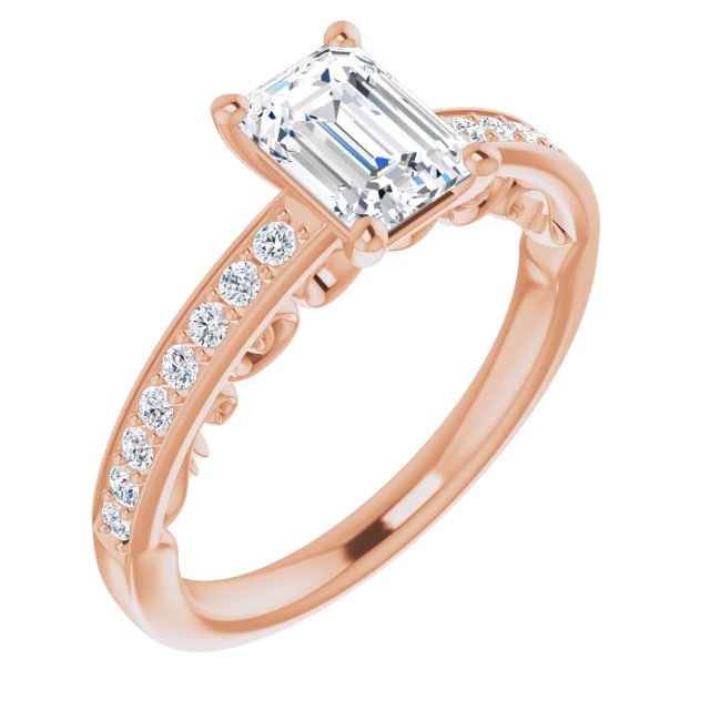 10K Rose Gold Customizable Emerald/Radiant Cut Design featuring 3-Sided Infinity Trellis and Round-Channel Accented Band