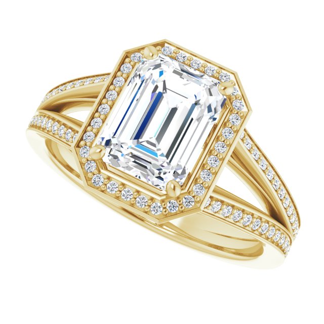 Cubic Zirconia Engagement Ring- The Carrie (Customizable Emerald Cut Design with Split-Band Shared Prong & Halo)