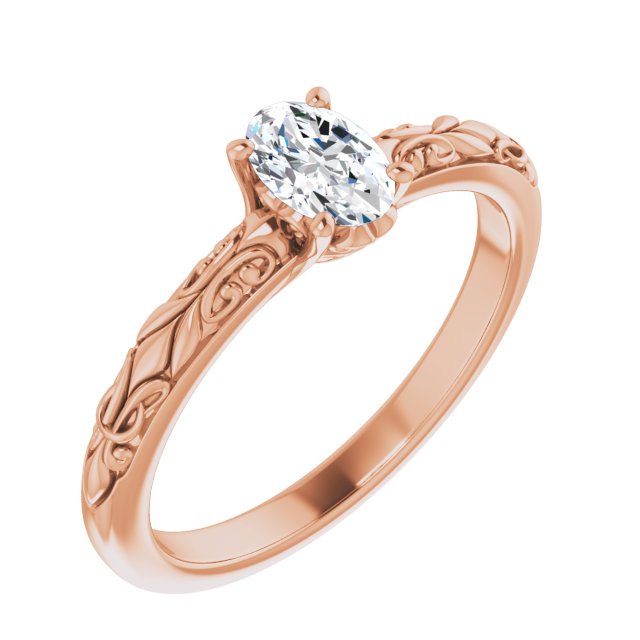 10K Rose Gold Customizable Oval Cut Solitaire featuring Delicate Metal Scrollwork