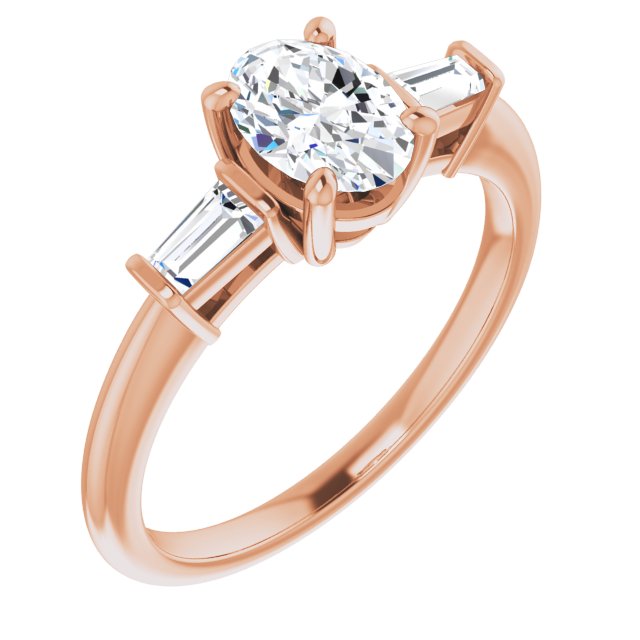 10K Rose Gold Customizable 3-stone Oval Cut Design with Dual Baguette Accents)