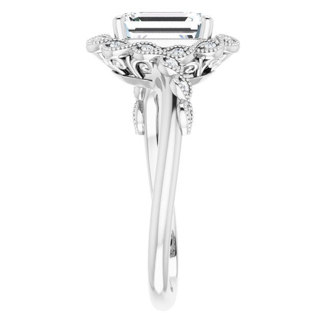 Cubic Zirconia Engagement Ring- The Makayla Belle (Customizable 3-stone Design with Emerald Cut Center and Halo Enhancement)