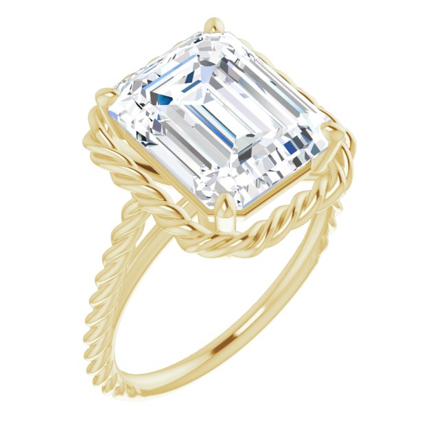 10K Yellow Gold Customizable Cathedral-set Emerald/Radiant Cut Solitaire with Thin Rope-Twist Band