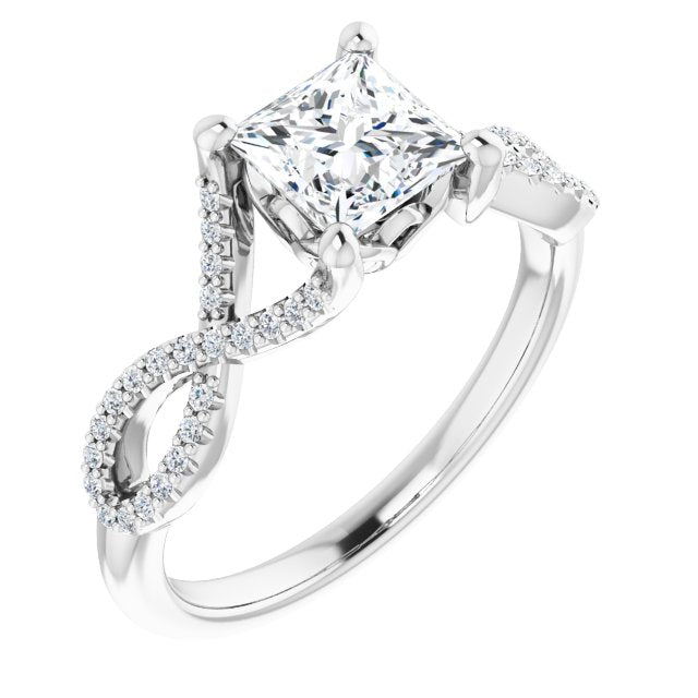 10K White Gold Customizable Princess/Square Cut Design with Twisting Infinity-inspired, Pavé Split Band