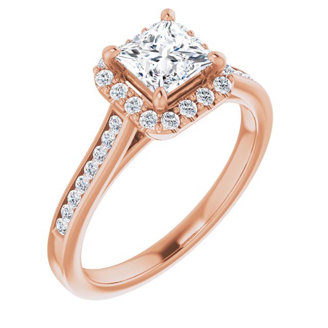 10K Rose Gold Customizable Princess/Square Cut Design with Halo, Round Channel Band and Floating Peekaboo Accents