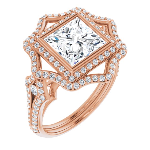 10K Rose Gold Customizable Princess/Square Cut Style with Ultra-wide Pavé Split-Band and Nature-Inspired Double Halo