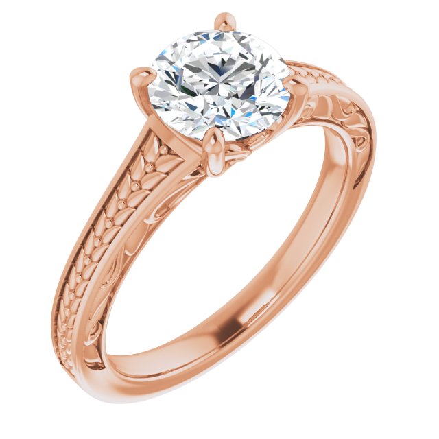 10K Rose Gold Customizable Round Cut Solitaire with Organic Textured Band and Decorative Prong Basket