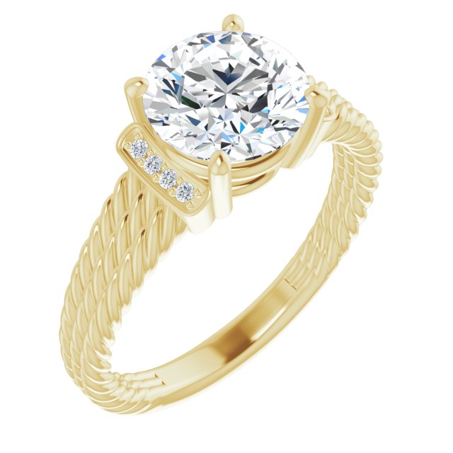 14K Yellow Gold Customizable 11-stone Design featuring Round Cut Center, Vertical Round-Channel Accents & Wide Triple-Rope Band