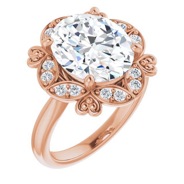 10K Rose Gold Customizable Oval Cut Design with Floral Segmented Halo & Sculptural Basket