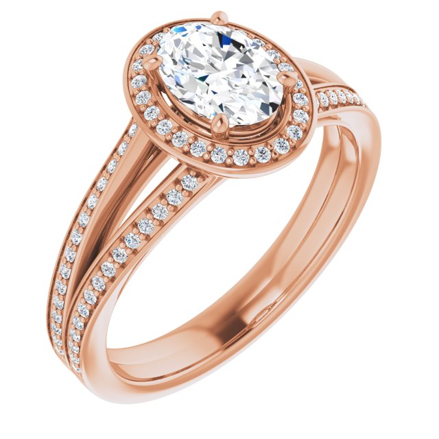 10K Rose Gold Customizable Oval Cut Design with Split-Band Shared Prong & Halo