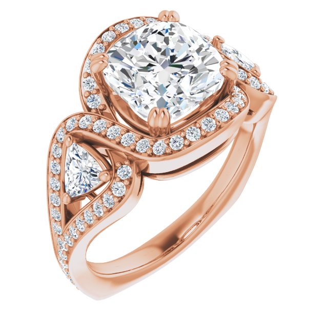 10K Rose Gold Customizable Cushion Cut Center with Twin Trillion Accents, Twisting Shared Prong Split Band, and Halo