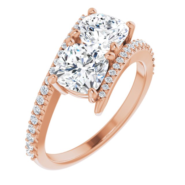 10K Rose Gold Customizable Double Cushion Cut 2-stone Design with Ultra-thin Bypass Band and Pavé Enhancement