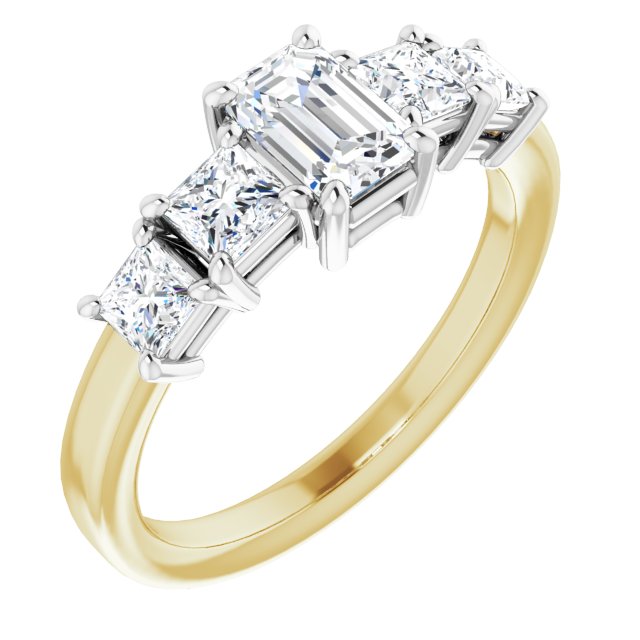 14K Yellow & White Gold Customizable 5-stone Emerald/Radiant Cut Style with Quad Princess-Cut Accents