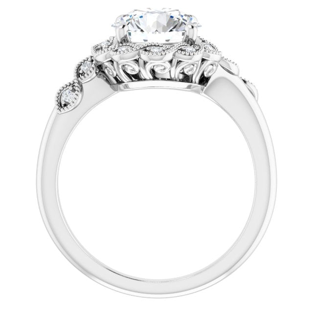 Cubic Zirconia Engagement Ring- The Makayla Belle (Customizable 3-stone Design with Round Cut Center and Halo Enhancement)