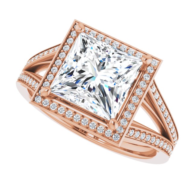 Cubic Zirconia Engagement Ring- The Carrie (Customizable Princess/Square Cut Design with Split-Band Shared Prong & Halo)