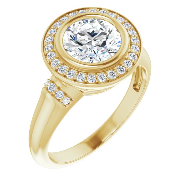 10K Yellow Gold Customizable Bezel-set Round Cut Design with Halo and Vertical Round Channel Accents