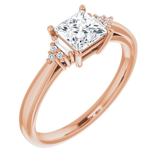 10K Rose Gold Customizable 9-stone Design with Princess/Square Cut Center, Side Baguettes and Tri-Cluster Round Accents