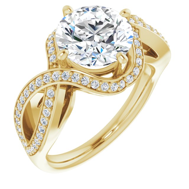 14K Yellow Gold Customizable Round Cut Design with Twisting, Infinity-Shared Prong Split Band and Bypass Semi-Halo