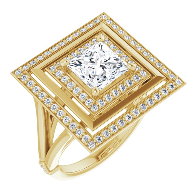 10K Yellow Gold Customizable Princess/Square Cut Oversized 2x Halo Style with Knuckle Accented Split Band
