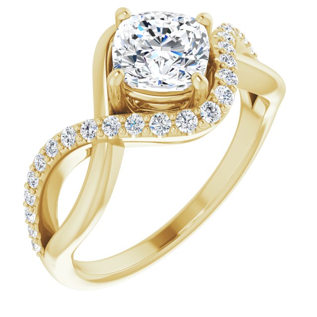 10K Yellow Gold Customizable Cushion Cut Design with Semi-Accented Twisting Infinity Bypass Split Band and Half-Halo