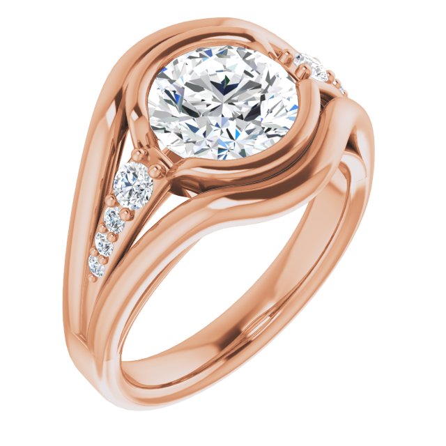 14K Rose Gold Customizable 9-stone Round Cut Design with Bezel Center, Wide Band and Round Prong Side Stones