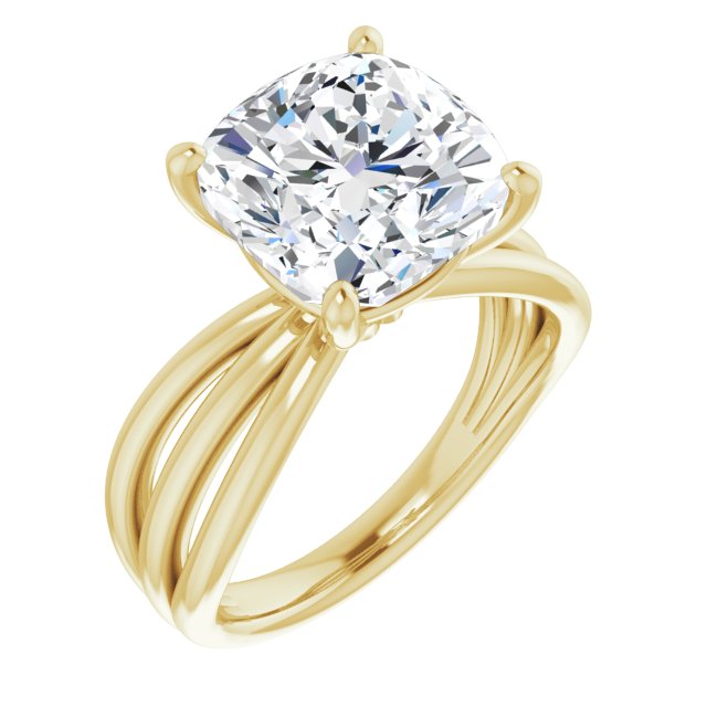 10K Yellow Gold Customizable Cushion Cut Solitaire Design with Wide, Ribboned Split-band
