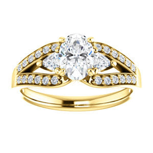 Cubic Zirconia Engagement Ring- The Karen (Customizable Enhanced 3-stone Design with Oval Cut Center, Dual Trillion Accents and Wide Pavé-Split Band)