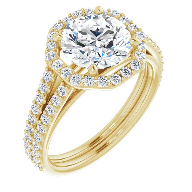 18K Yellow Gold Customizable Cathedral Round Cut Design with Geometric Halo & Split Pavé Band