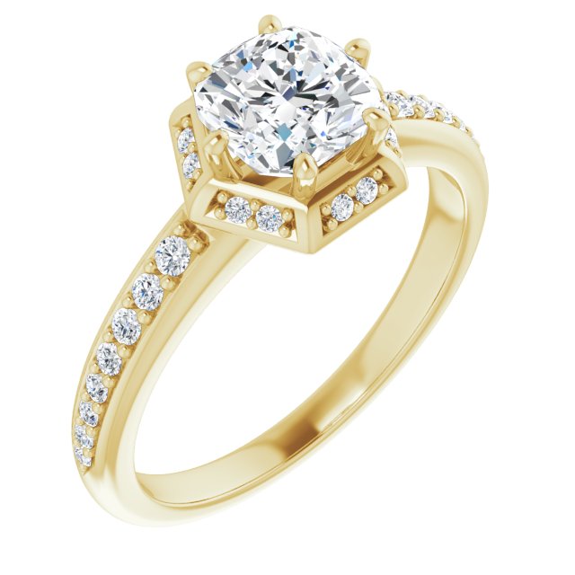 10K Yellow Gold Customizable Cushion Cut Design with Geometric Under-Halo and Shared Prong Band