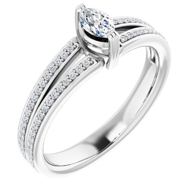 10K White Gold Customizable Marquise Cut Center with 100-stone* "Waterfall" Pavé Split Band
