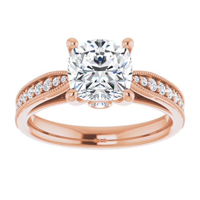 Cubic Zirconia Engagement Ring- The Carli Love (Customizable Cushion Cut Style featuring Milgrained Shared Prong Band & Dual Peekaboos)