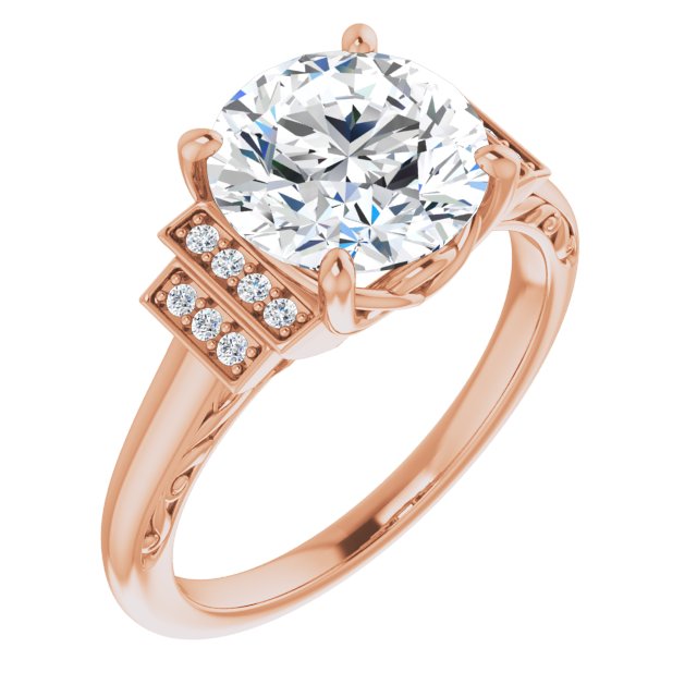 14K Rose Gold Customizable Engraved Design with Round Cut Center and Perpendicular Band Accents