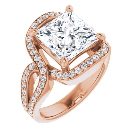 10K Rose Gold Customizable Princess/Square Cut Center with Infinity-inspired Split Shared Prong Band and Bypass Halo