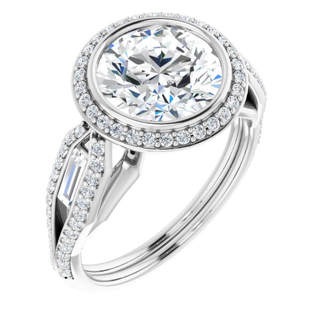 14K White Gold Customizable Cathedral-Bezel Round Cut Design with Halo, Split-Pavé Band & Channel Baguettes