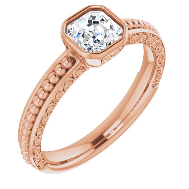 10K Rose Gold Customizable Bezel-set Asscher Cut Solitaire with Beaded and Carved Three-sided Band