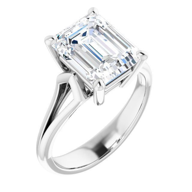 Cubic Zirconia Engagement Ring- The Frankie (Customizable Cathedral-Raised Emerald Cut Solitaire with Angular Chevron Split Band)