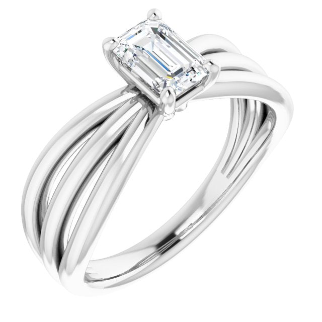 10K White Gold Customizable Emerald/Radiant Cut Solitaire Design with Wide, Ribboned Split-band