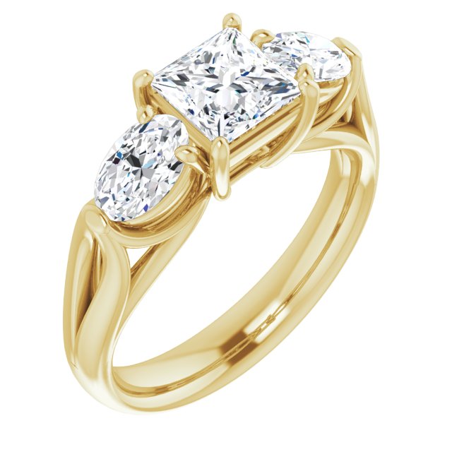 10K Yellow Gold Customizable Cathedral-set 3-stone Princess/Square Cut Style with Dual Oval Cut Accents & Wide Split Band