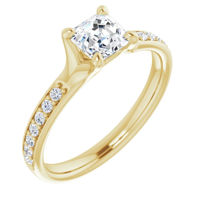 10K Yellow Gold Customizable Heavy Prong-Set Asscher Cut Style with Round Cut Band Accents