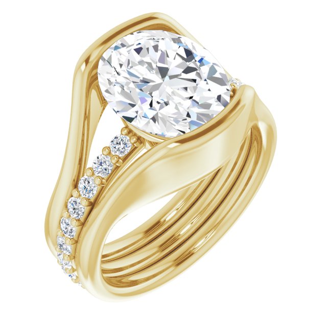 18K Yellow Gold Customizable Bezel-set Oval Cut Style with Thick Pavé Band