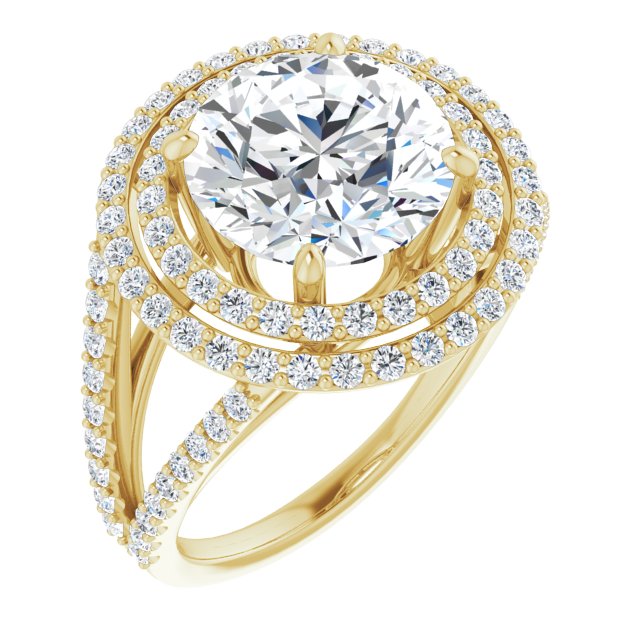 10K Yellow Gold Customizable Round Cut Design with Double Halo and Wide Split-Pavé Band