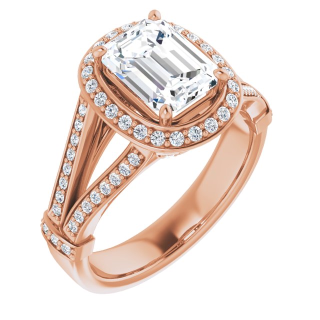 Cubic Zirconia Engagement Ring- The Cecelia  (Customizable Radiant Cut Setting with Halo, Under-Halo Trellis Accents and Accented Split Band)