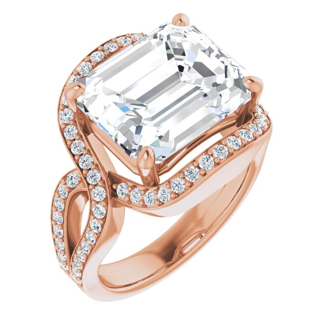 10K Rose Gold Customizable Emerald/Radiant Cut Center with Infinity-inspired Split Shared Prong Band and Bypass Halo