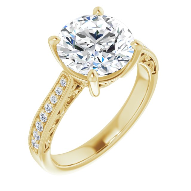 10K Yellow Gold Customizable Round Cut Design with Round Band Accents and Three-sided Filigree Engraving