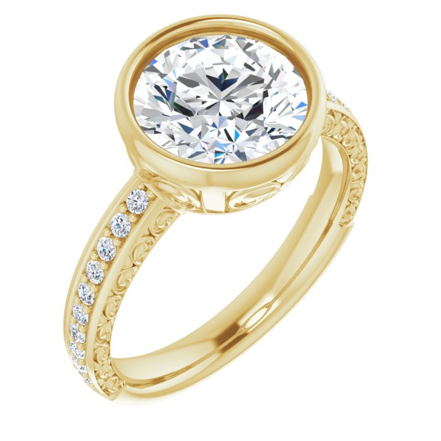 10K Yellow Gold Customizable Bezel-set Round Cut Design with Cloud-pattern Band & Semi-Eternity Accents