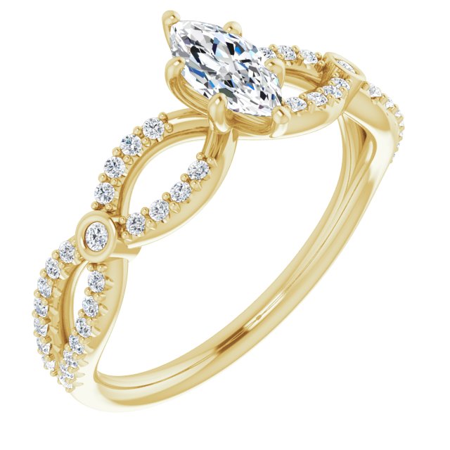 10K Yellow Gold Customizable Marquise Cut Design with Infinity-inspired Split Pavé Band and Bezel Peekaboo Accents